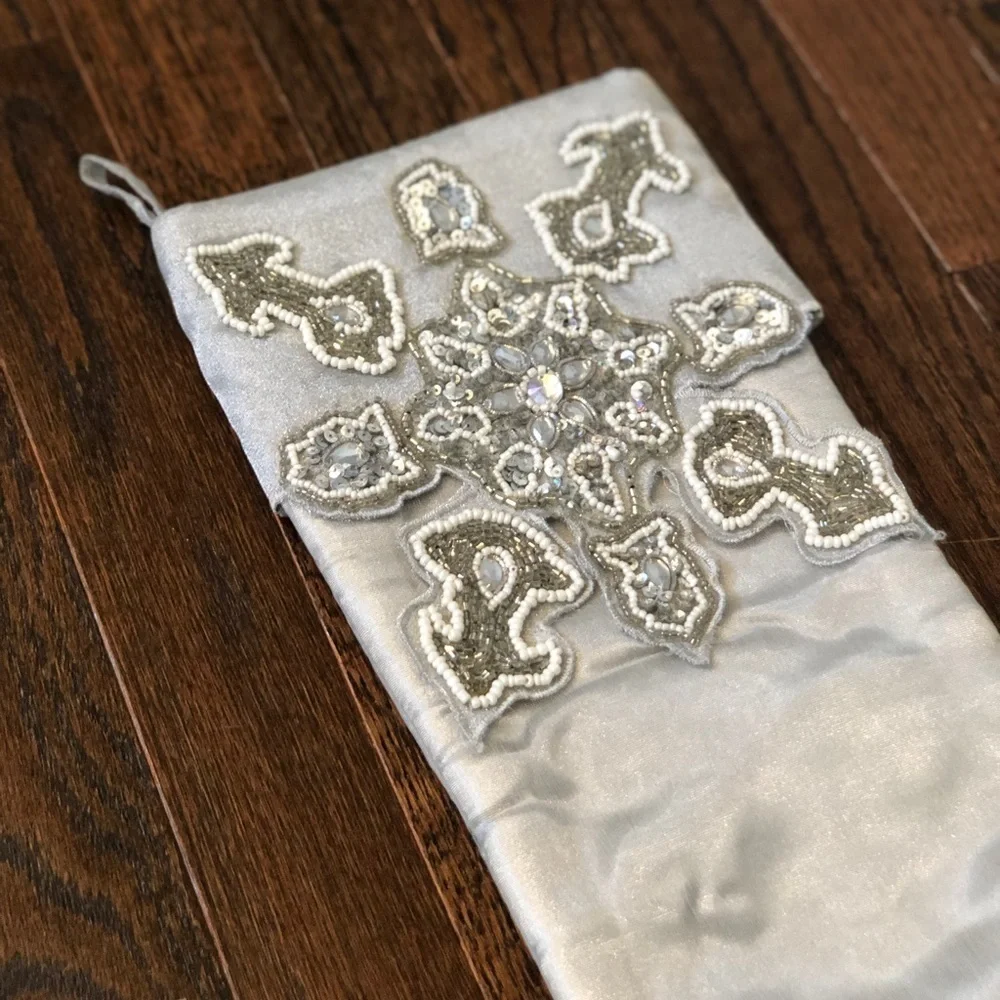 Pier 1 Imports 16” Gray Metallic Stocking w/Snowflake Embroidery & Beading - EUC
